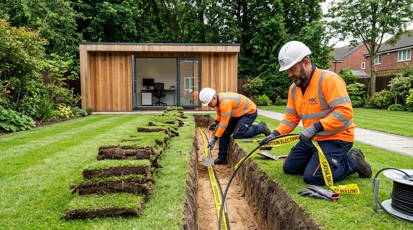 Armoured network cable trenching to garden office in Crewe