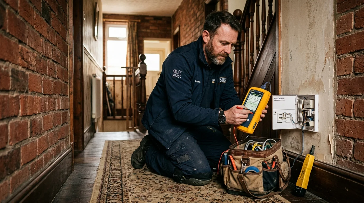 Independent Telephone Engineer troubleshooting broadband sync speed in Crewe Cheshire