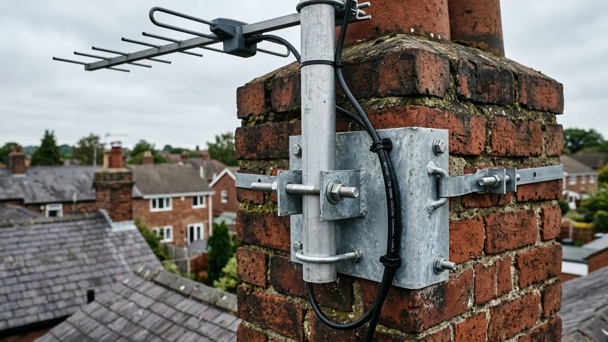 Heavy-duty storm-proof chimney aerial mount in Crewe with double stainless steel lashing wire