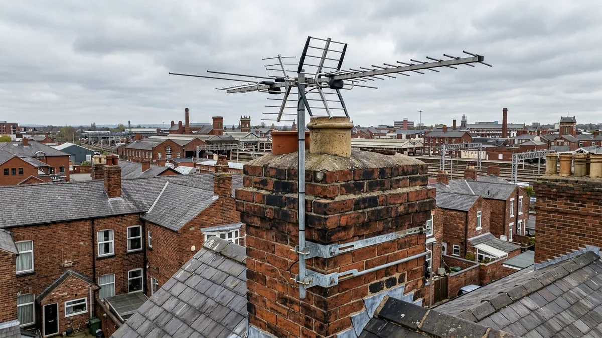 Professional digital TV aerial installation in Coppenhall on traditional British chimney stack with galvanized Pennine storm brackets