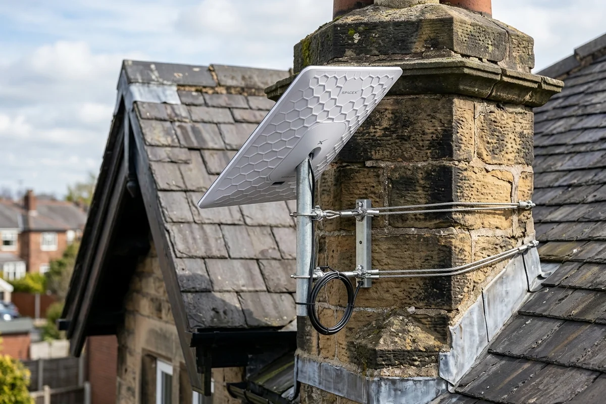 Starlink dish on roof in Croston on brick chimney with non-drill lashing cradle overlooking town
