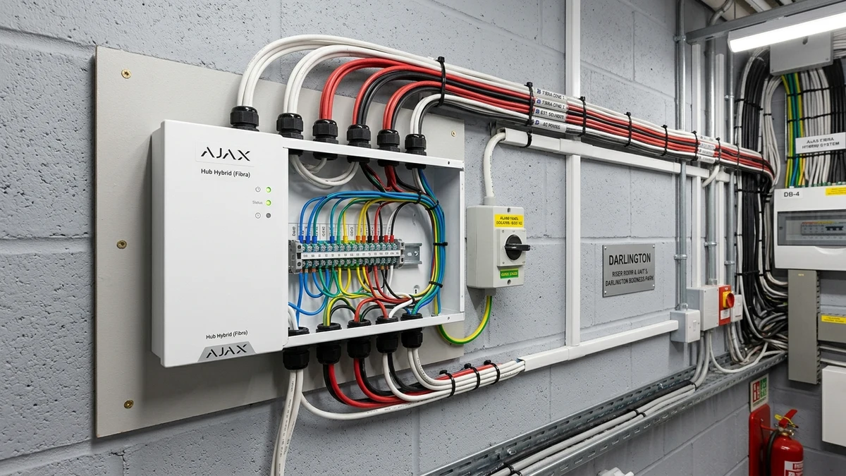 Commercial communications rack housing Ajax Hub Hybrid with neatly laced 4-core bus lines in Crook & Willington