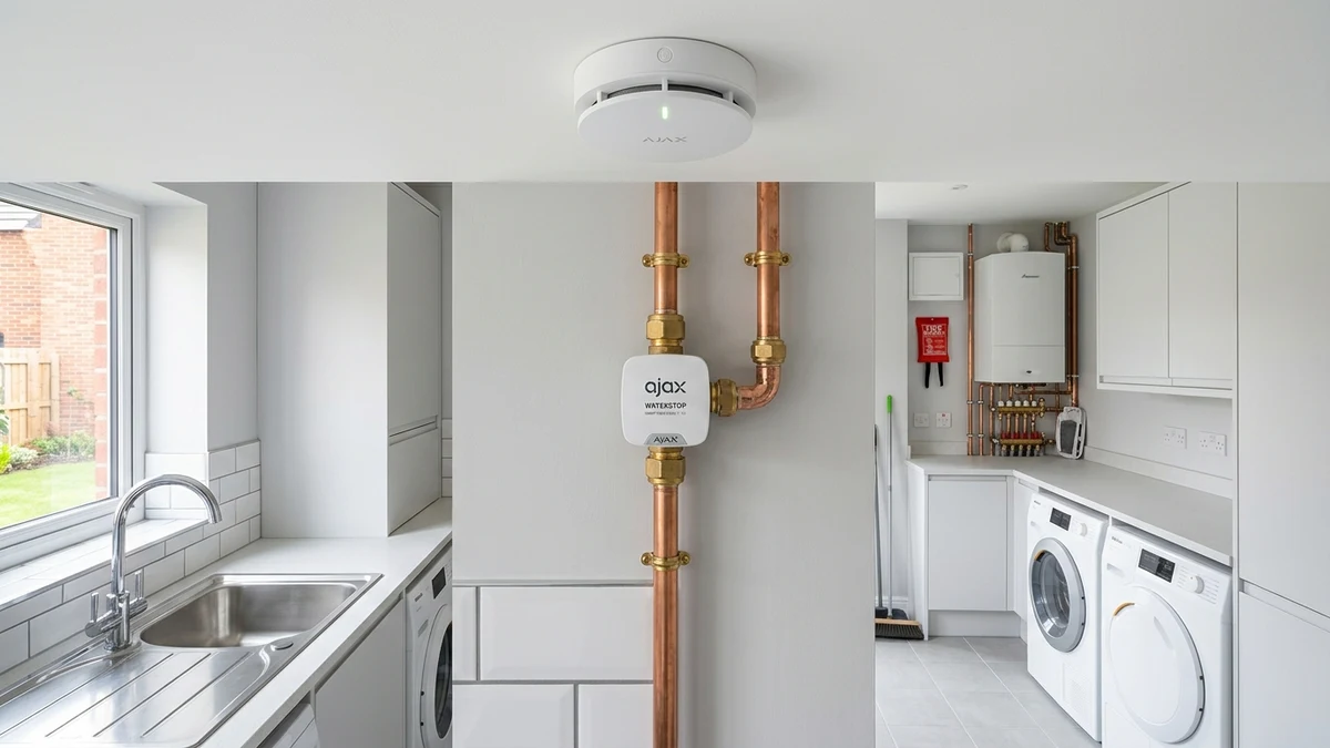 Ajax FireProtect 2 ceiling smoke detector and WaterStop electric smart shutoff valve installed cleanly on copper plumbing in a Crook & Willington home