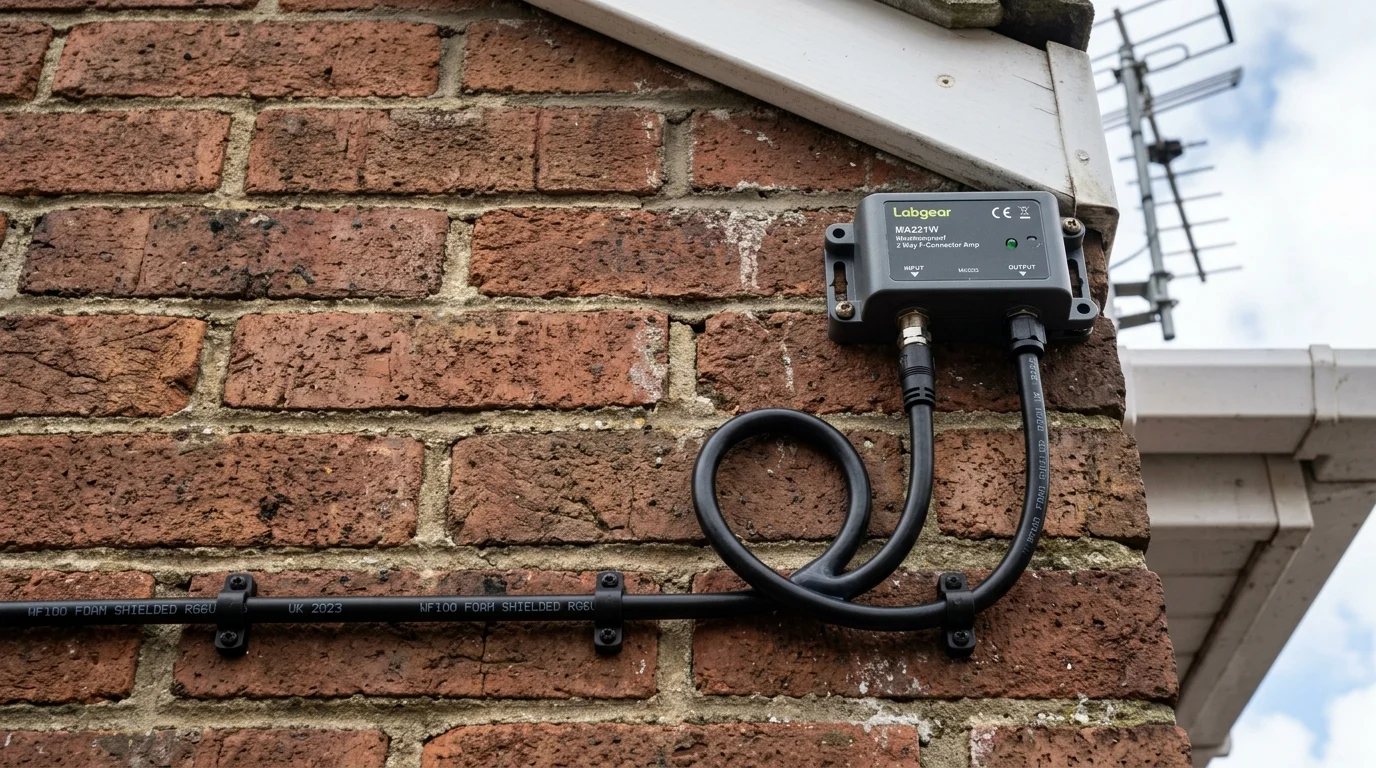 Neatly clipped UV-resistant Cat6a solid copper cable installation along mortar joints in Darlington