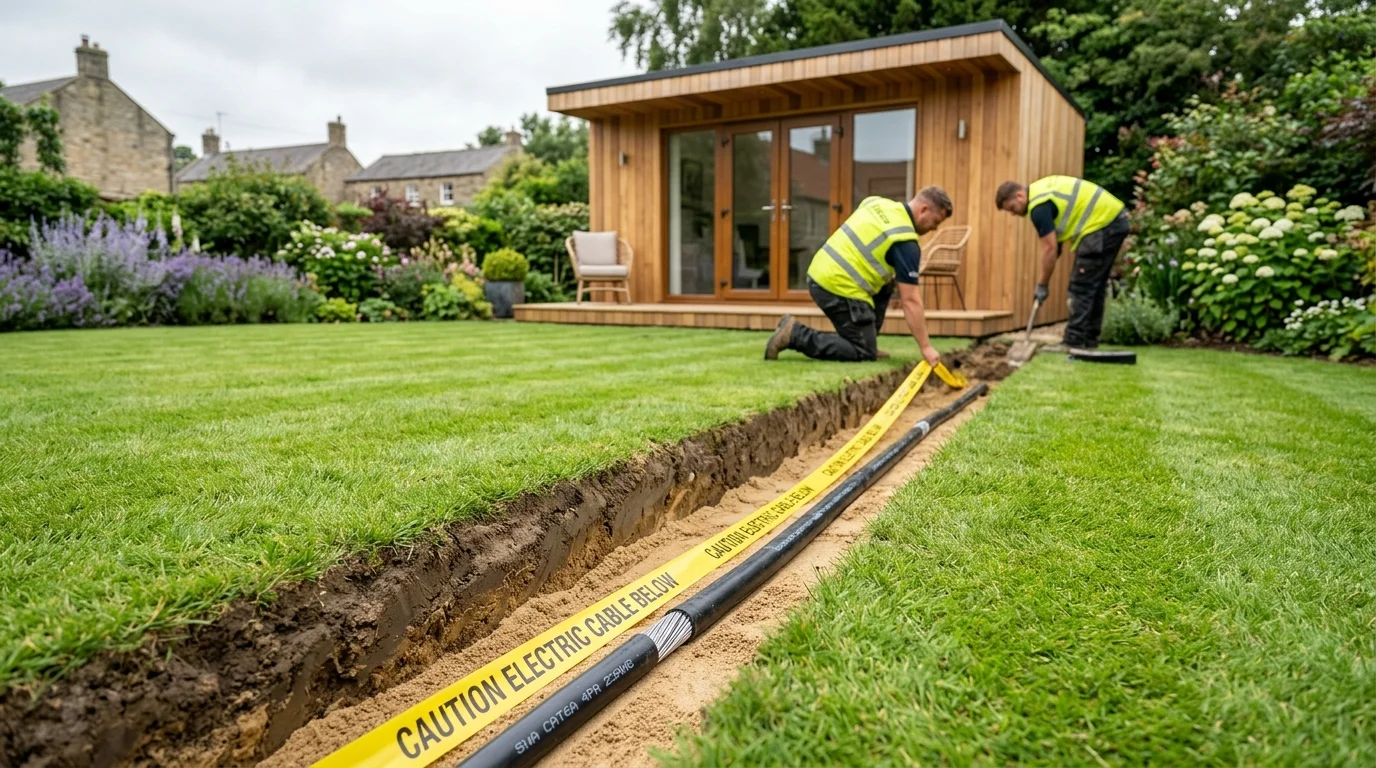 Armoured network cable trenching to garden office in Darlington