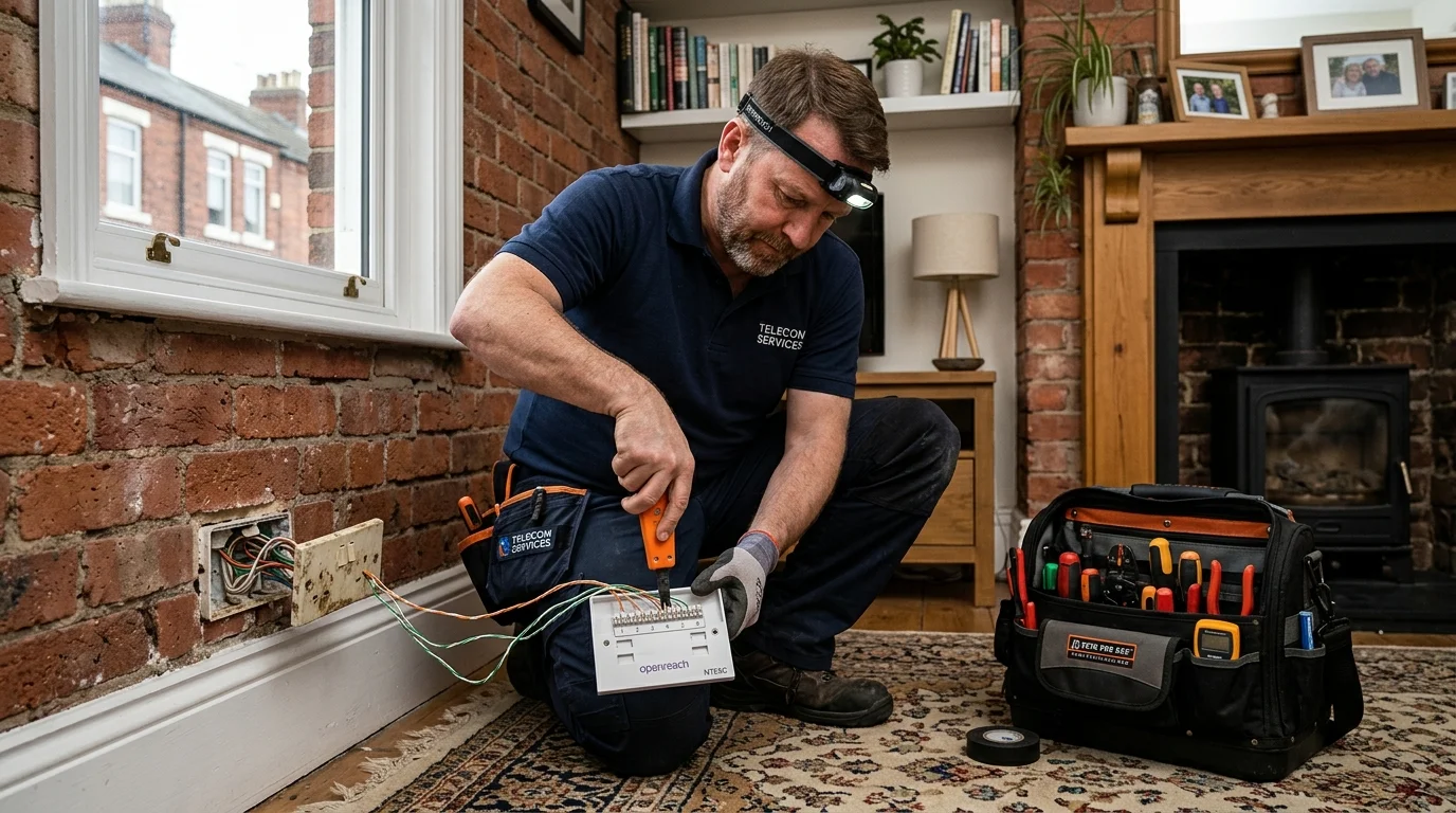 Independent Telephone Engineer terminating telephone wiring in Victorian terrace in Darlington DL3
