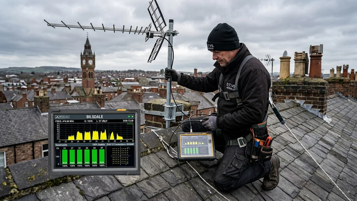 Engineer reading spectrum analyzer meter showing Bilsdale and Pontop Pike frequencies on Darlington rooftop