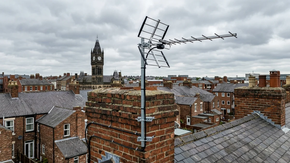 Professional digital TV aerial installation in Barton on traditional British chimney stack with galvanized Pennine storm brackets