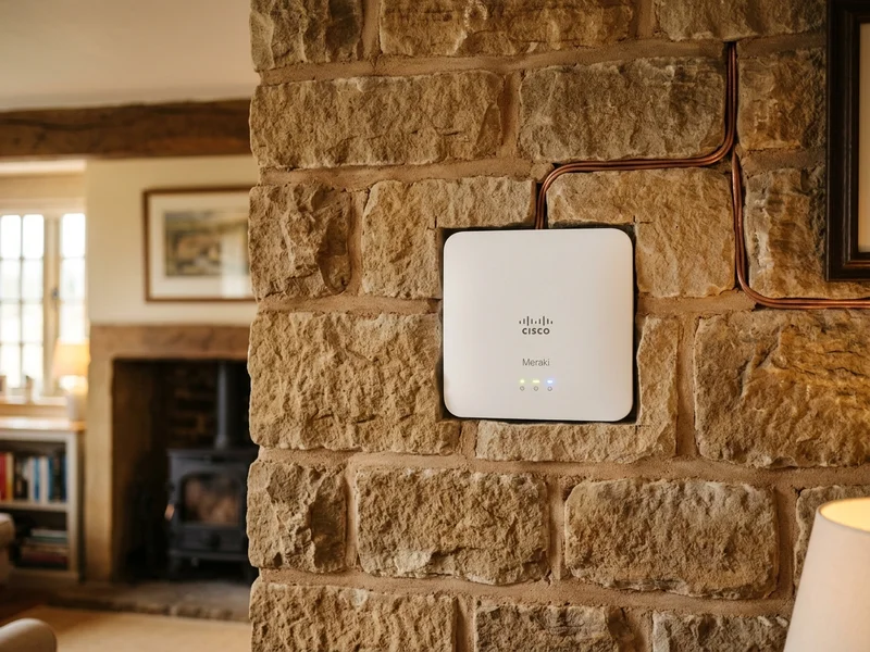 Commercial WiFi access point mounted flush on an exposed sandstone wall in Hoddlesden Darwen