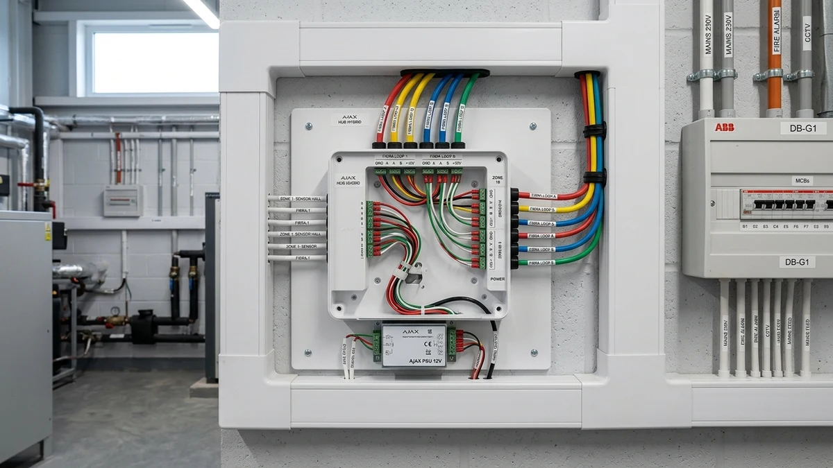 Commercial communications rack housing Ajax Hub Hybrid with neatly laced 4-core bus lines in Mickleover