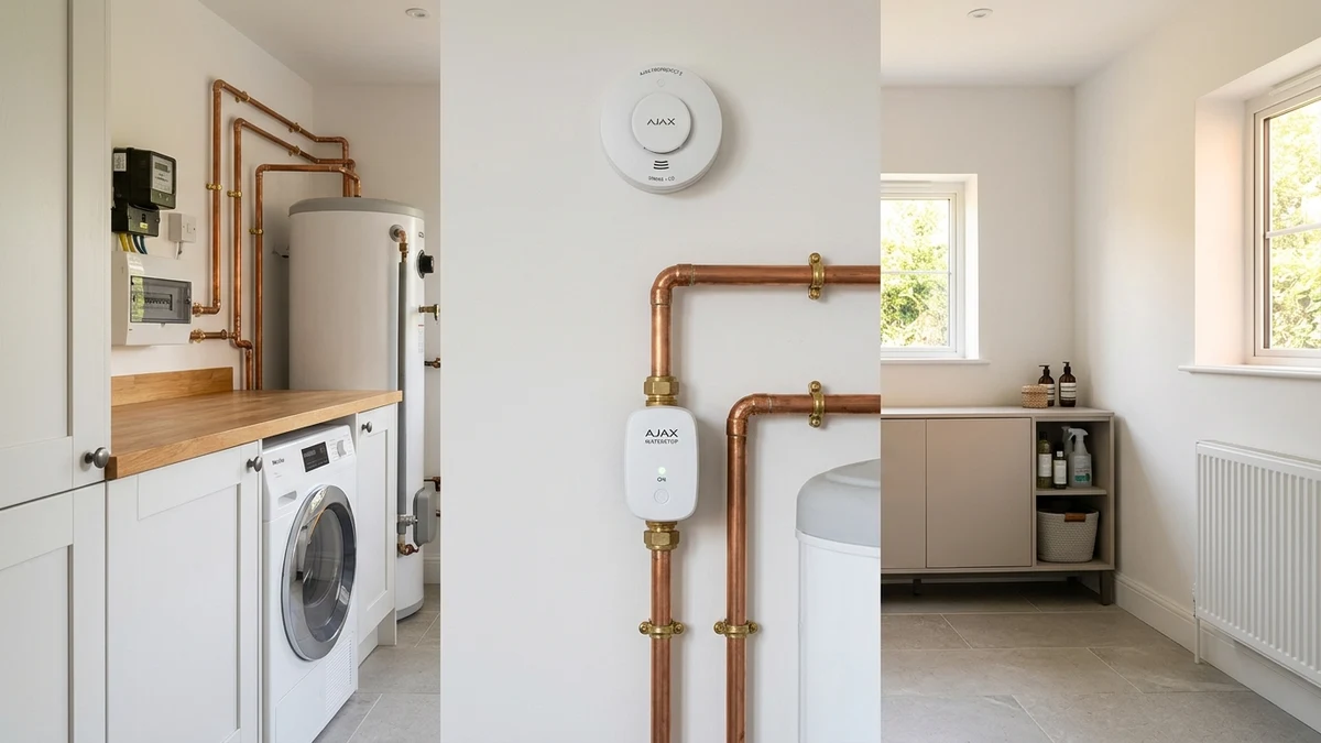 Ajax FireProtect 2 ceiling smoke detector and WaterStop electric smart shutoff valve installed cleanly on copper plumbing in a Mickleover home