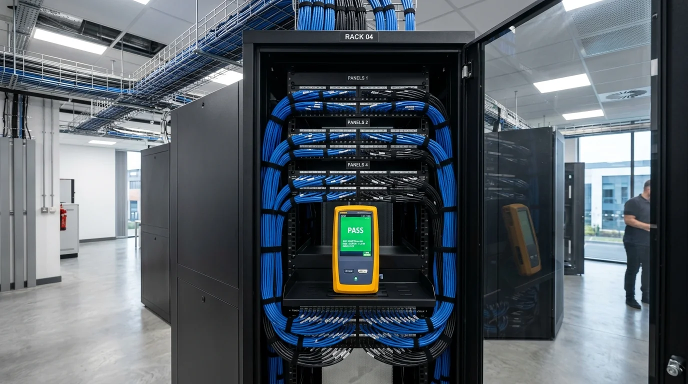 Commercial server rack and patch panel cabling installation in Derby