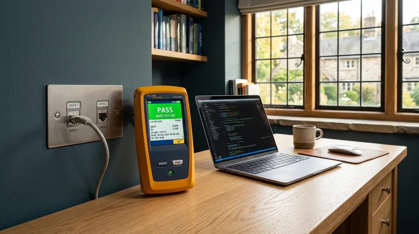 Domestic home network cabling with clean flush-mounted Ethernet wall sockets in a Derby home