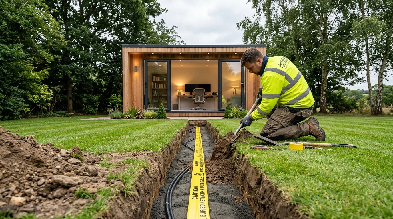 Armoured network cable trenching to garden office in Derby