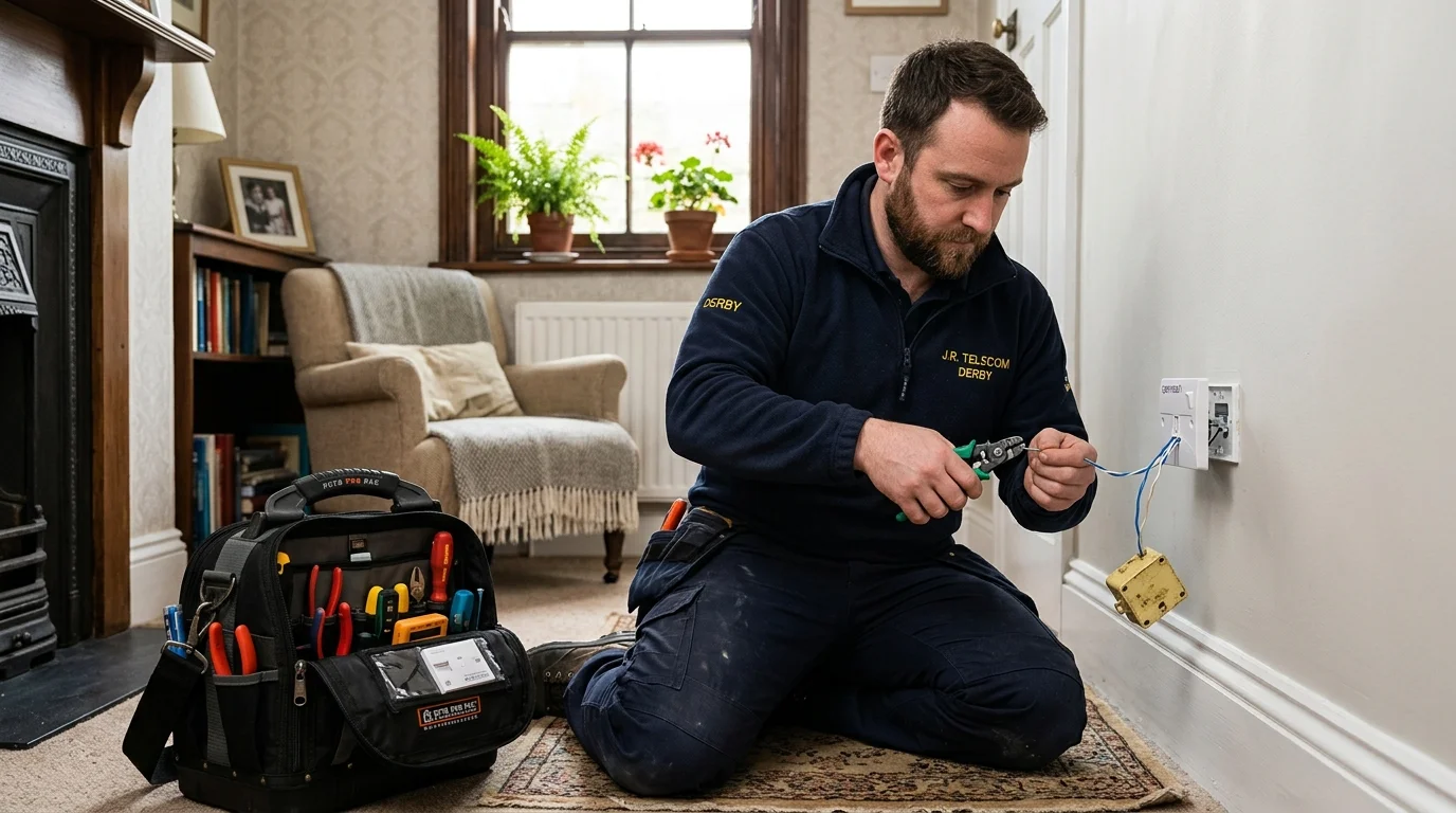 Independent Telephone Engineer rewiring master socket in Victorian railway cottage in Derby DE1