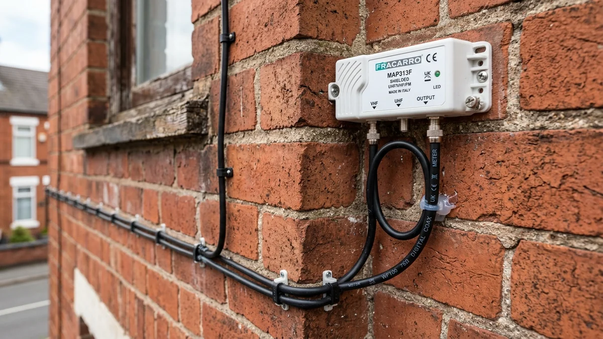 Shielded masthead amplifier and WF100 coax cable routed neatly on Derby masonry