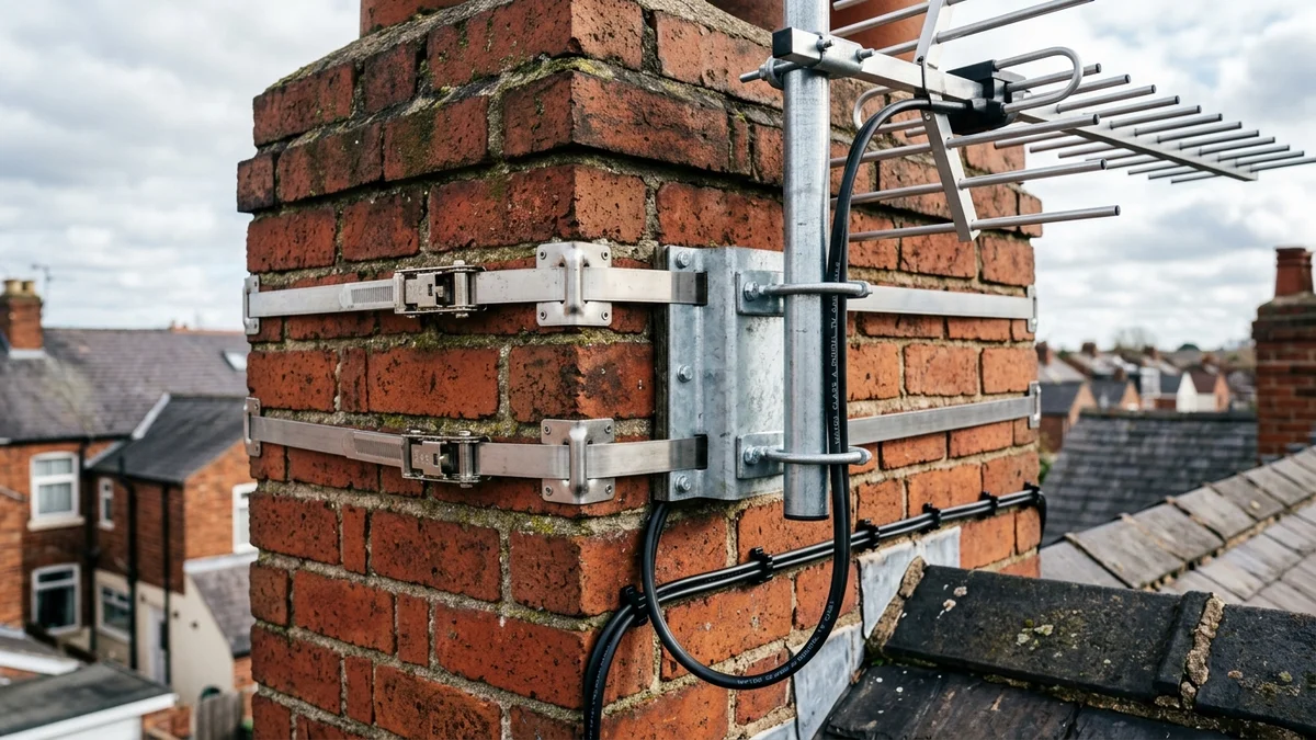 Heavy-duty storm-proof chimney aerial mount in Derby with double stainless steel lashing wire