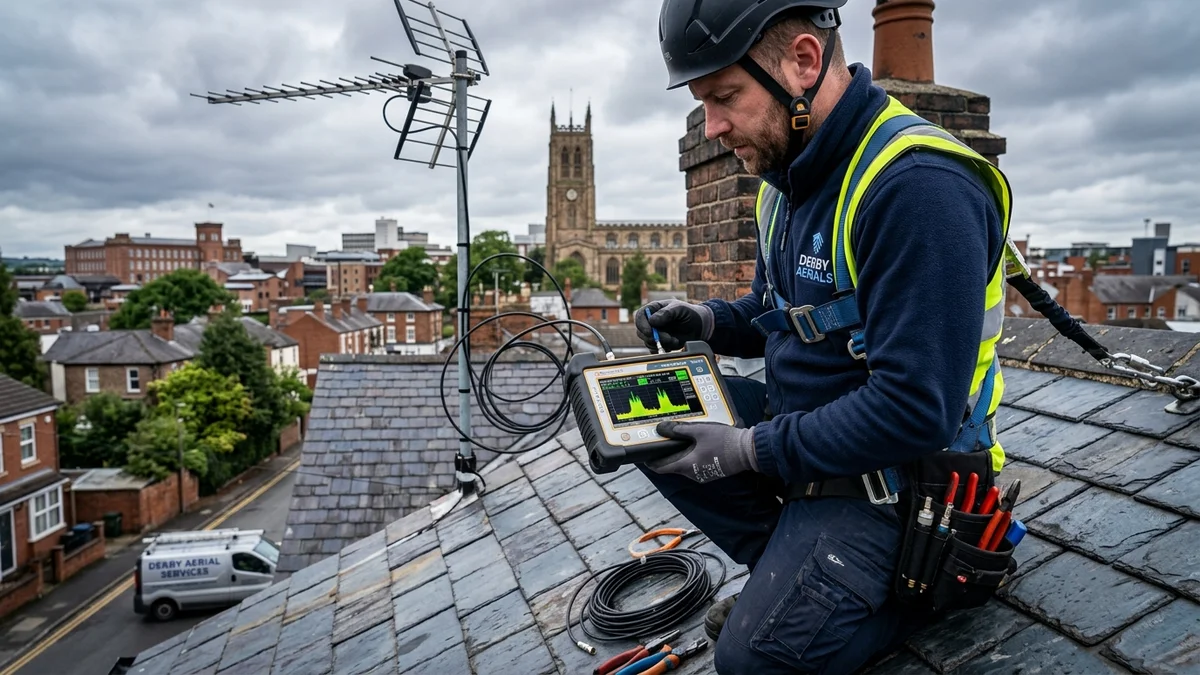 Engineer reading spectrum analyzer meter showing Sutton Coldfield and Waltham frequencies on Derby rooftop