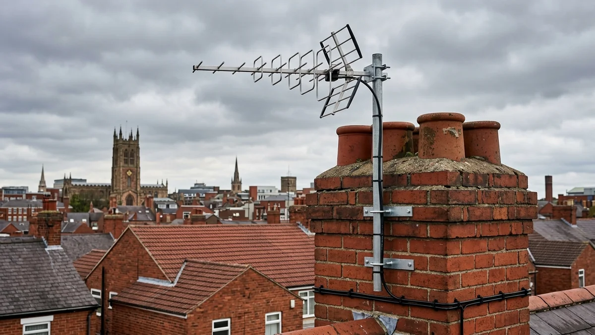 Professional digital TV aerial installation in Mackworth on traditional British chimney stack with galvanized Pennine storm brackets