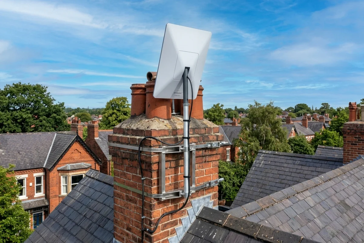 Starlink dish on roof in Didsbury on brick chimney with non-drill lashing cradle overlooking town