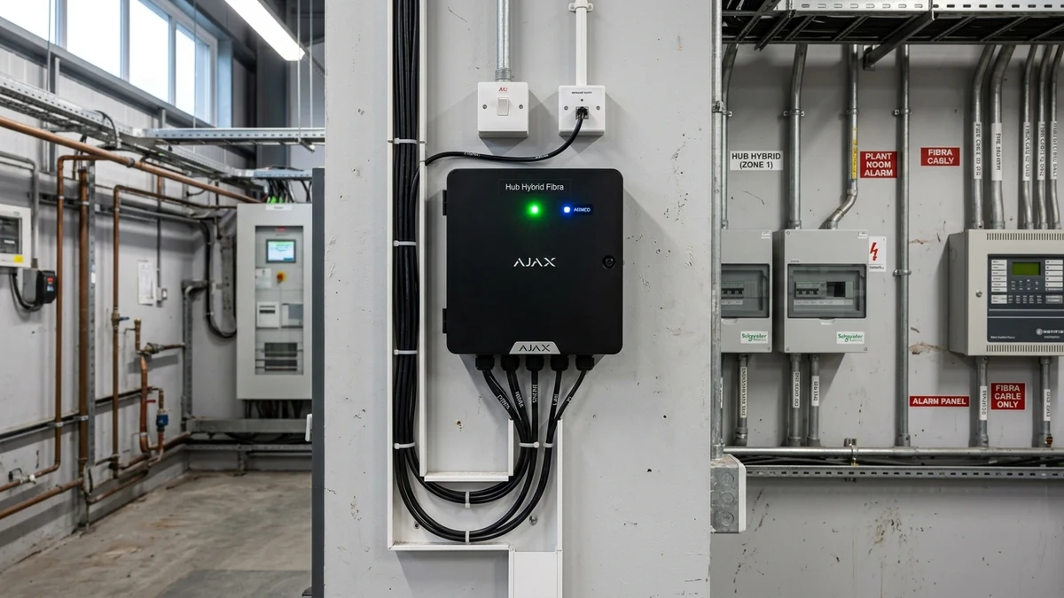 Commercial communications rack housing Ajax Hub Hybrid with neatly laced 4-core bus lines in Stainforth