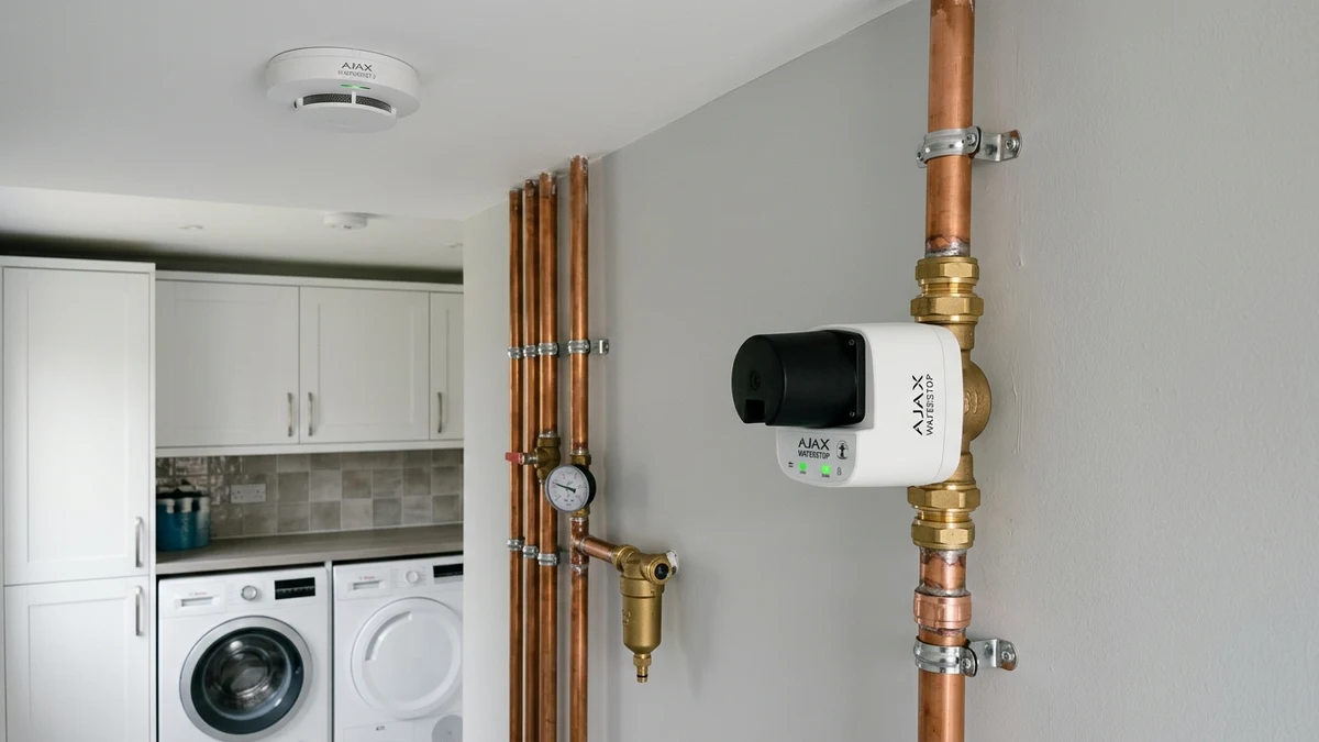 Ajax FireProtect 2 ceiling smoke detector and WaterStop electric smart shutoff valve installed cleanly on copper plumbing in a Stainforth home