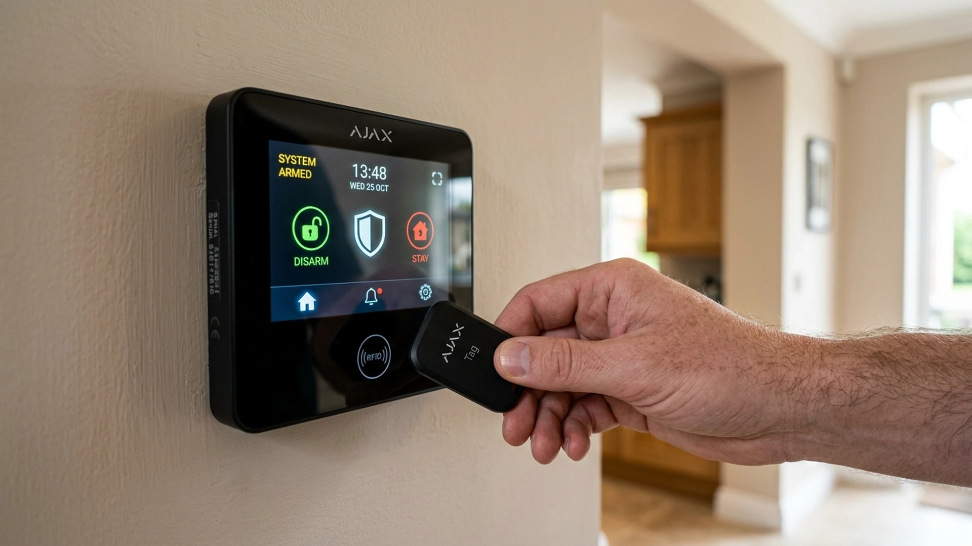 Ajax MotionCam Outdoor wireless detector mounted on weathered South York red brick exterior wall in Stainforth