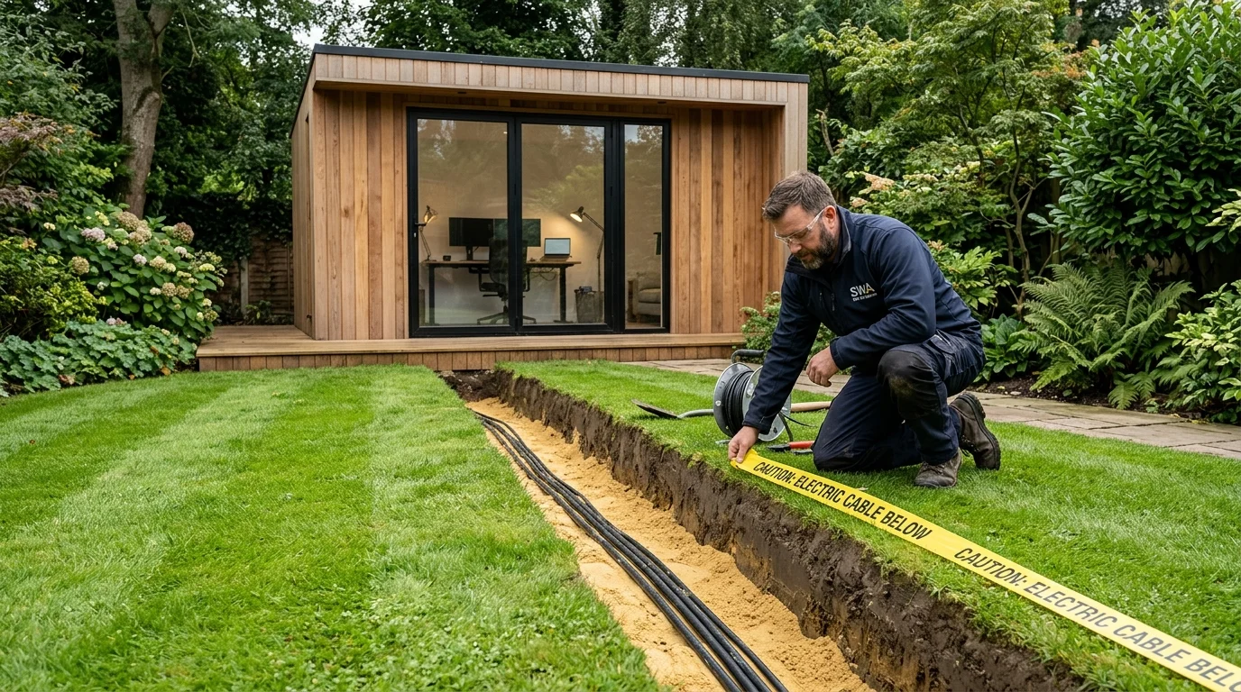 Armoured network cable trenching to garden office in Doncaster