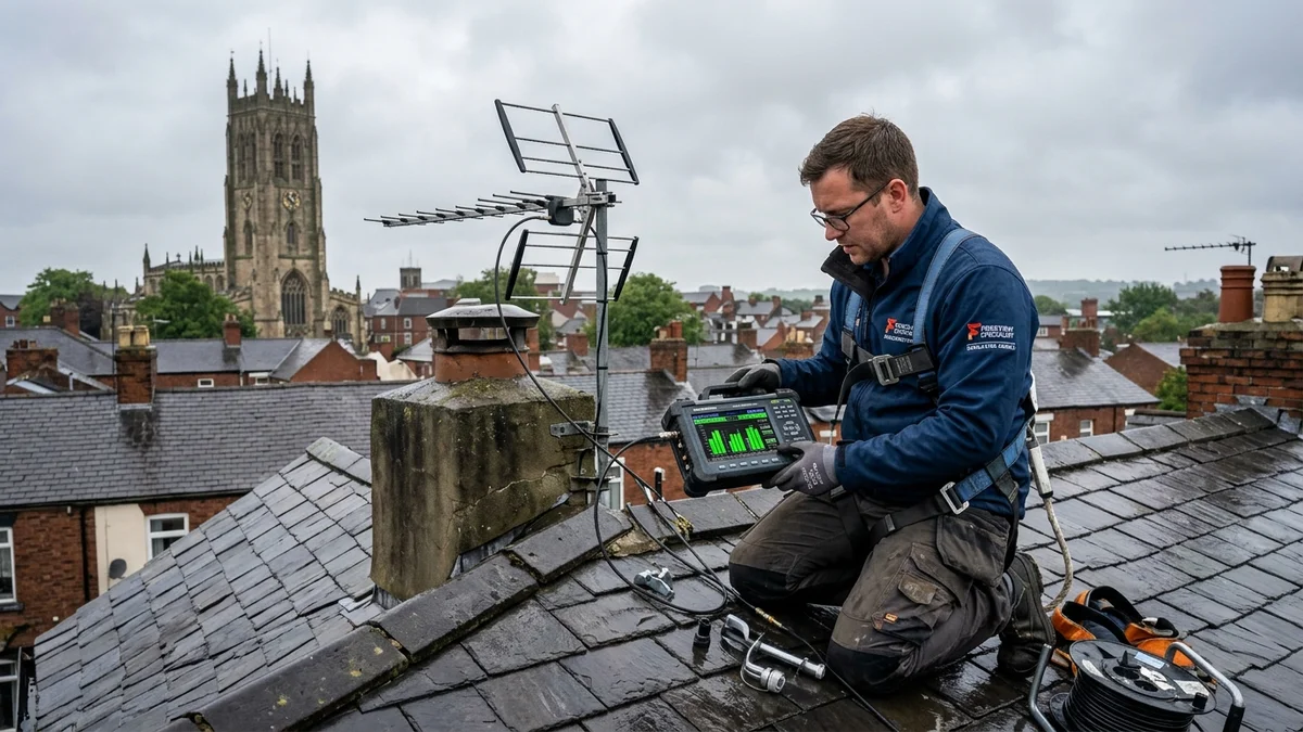 Engineer reading spectrum analyzer meter showing Belmont and Emley Moor frequencies on Doncaster rooftop
