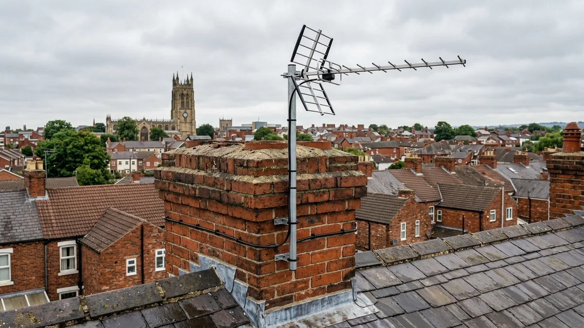 Professional digital TV aerial installation in Sprotbrough on traditional British chimney stack with galvanized Pennine storm brackets