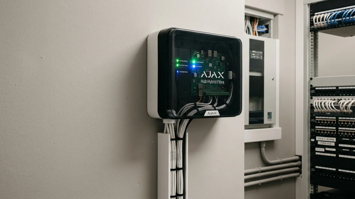 Commercial communications rack housing Ajax Hub Hybrid with neatly laced 4-core bus lines in Durham