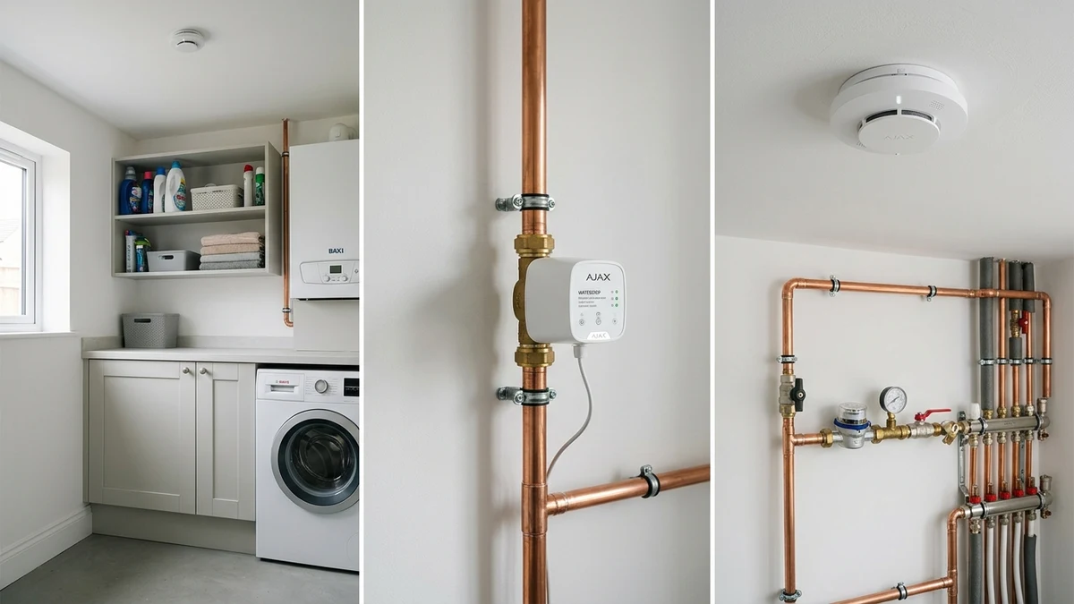 Ajax FireProtect 2 ceiling smoke detector and WaterStop electric smart shutoff valve installed cleanly on copper plumbing in a Durham home