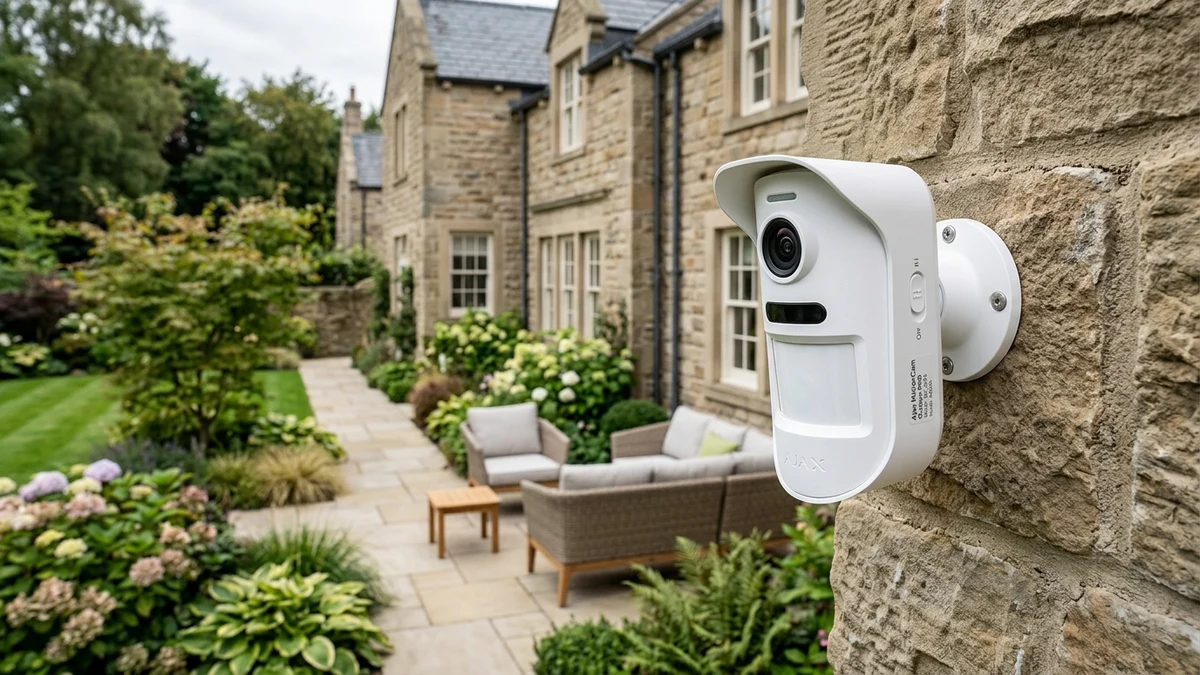 Ajax MotionCam Outdoor mounted on exterior brickwork monitoring a Durham residential driveway