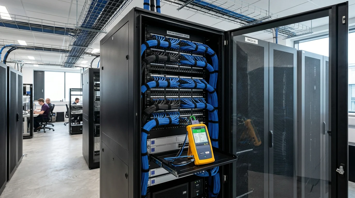 Commercial server rack and patch panel cabling installation in Durham