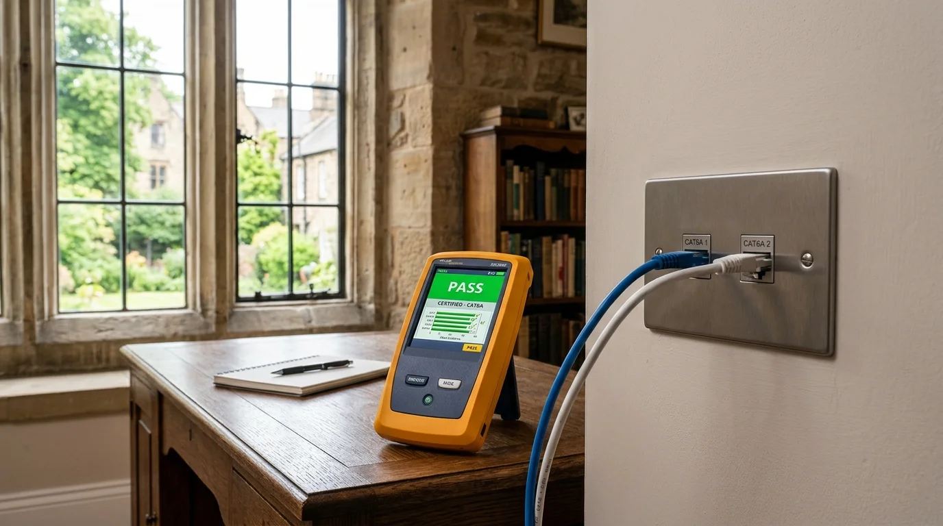 Domestic home network cabling with clean flush-mounted Ethernet wall sockets in a Durham home