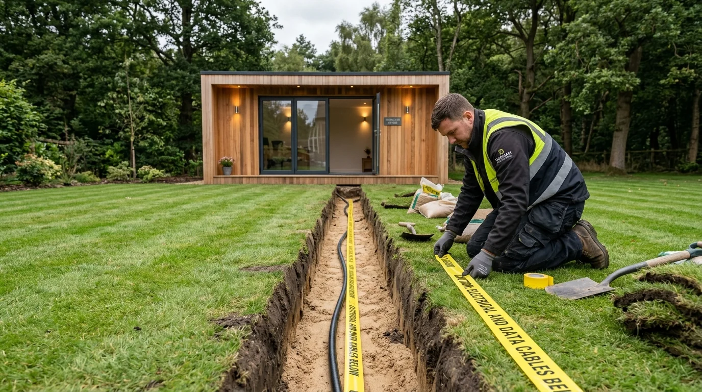 Armoured network cable trenching to garden office in Durham