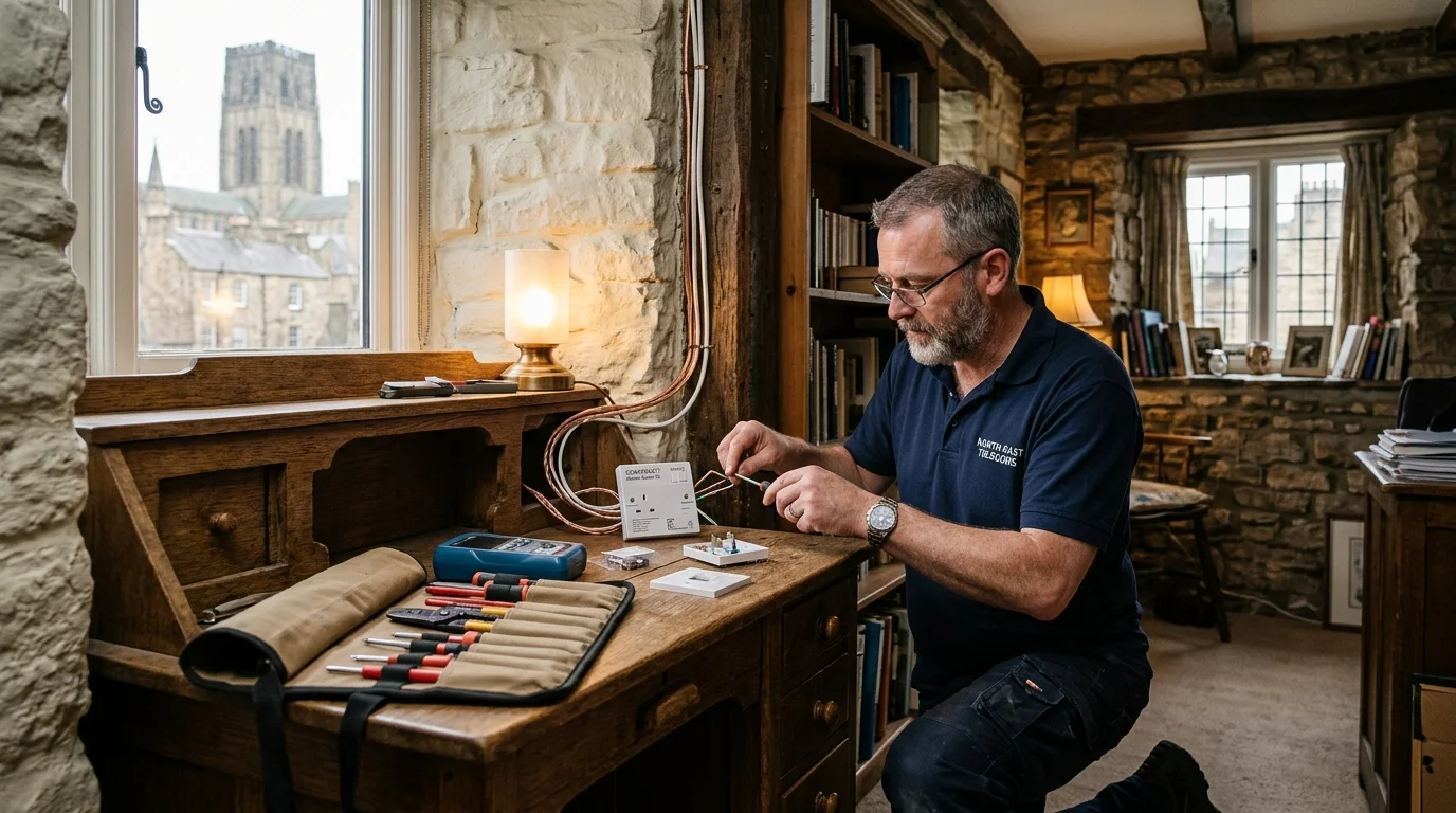 Independent Telephone Engineer installing master socket in historic stone cottage in Durham DH1