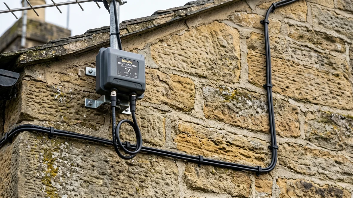 Shielded masthead amplifier and WF100 coax cable routed neatly on Durham masonry