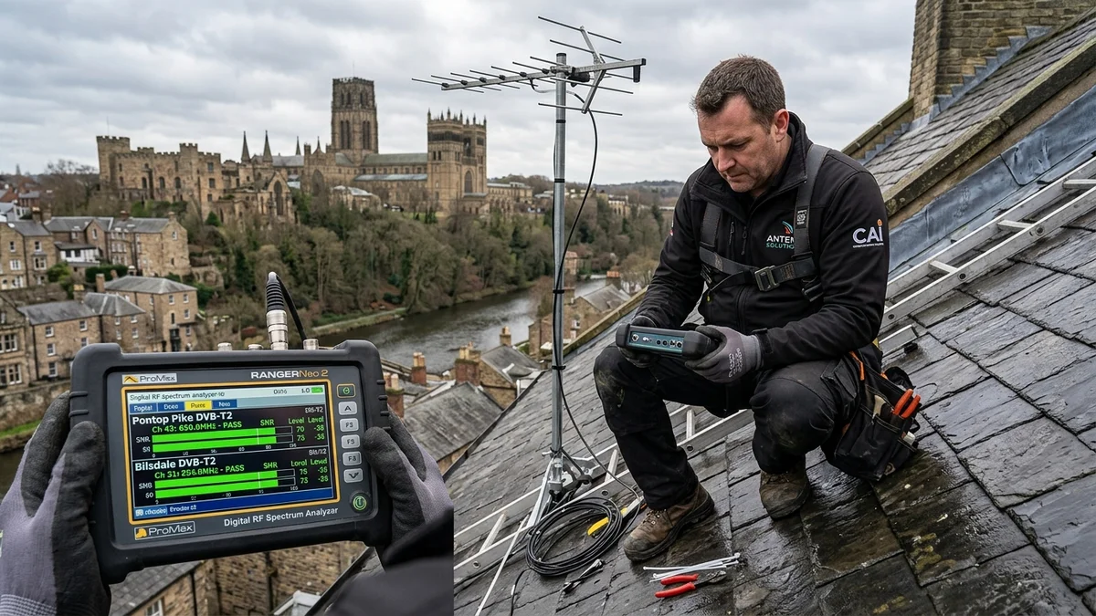 Engineer reading spectrum analyzer meter showing Pontop Pike and Bilsdale frequencies on Durham rooftop
