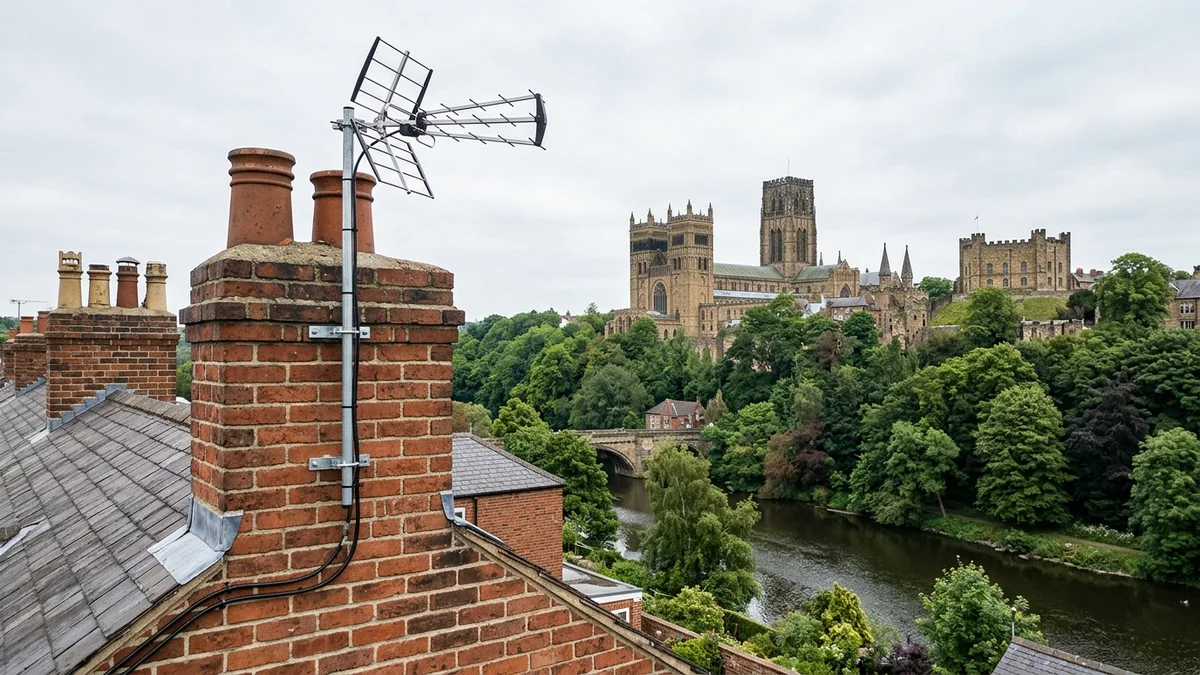 Professional digital TV aerial installation in Coxhoe on traditional British chimney stack with galvanized Pennine storm brackets