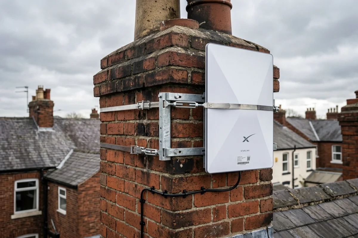 Starlink dish on roof in Eccles on brick chimney with non-drill lashing cradle overlooking town