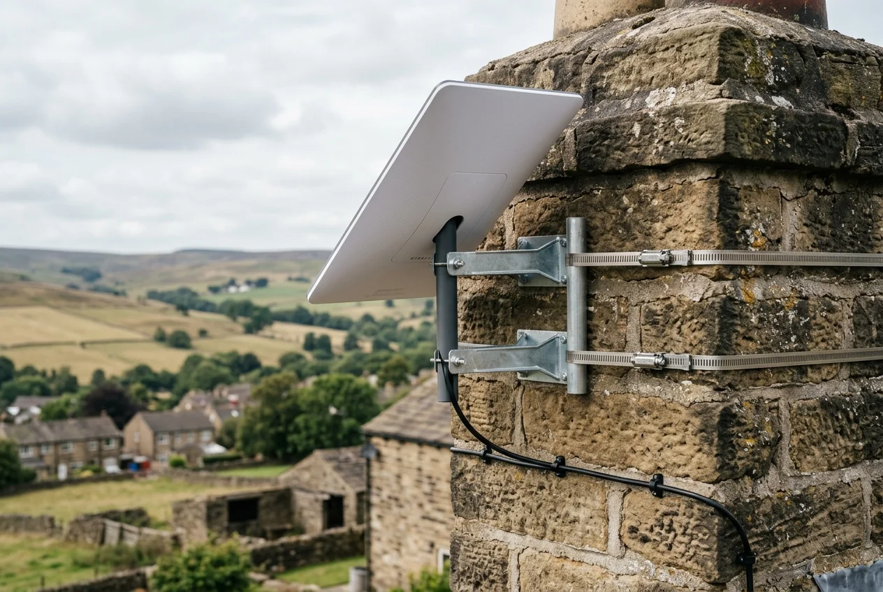 Starlink dish on roof in Elland on brick chimney with non-drill lashing cradle overlooking town