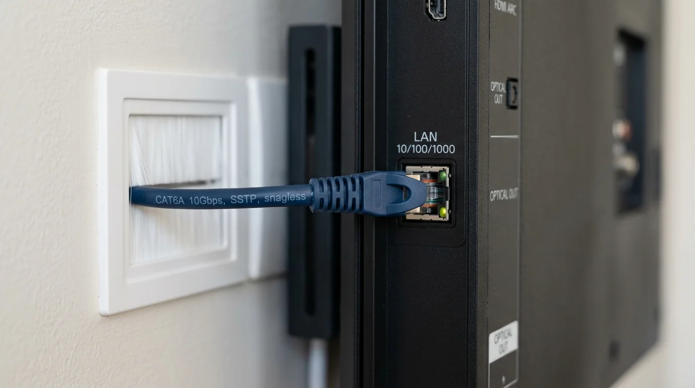 Running Cat6A Ethernet cable directly into the LAN port on the back of a wall-mounted Smart TV from a recessed wall brush plate in Hull