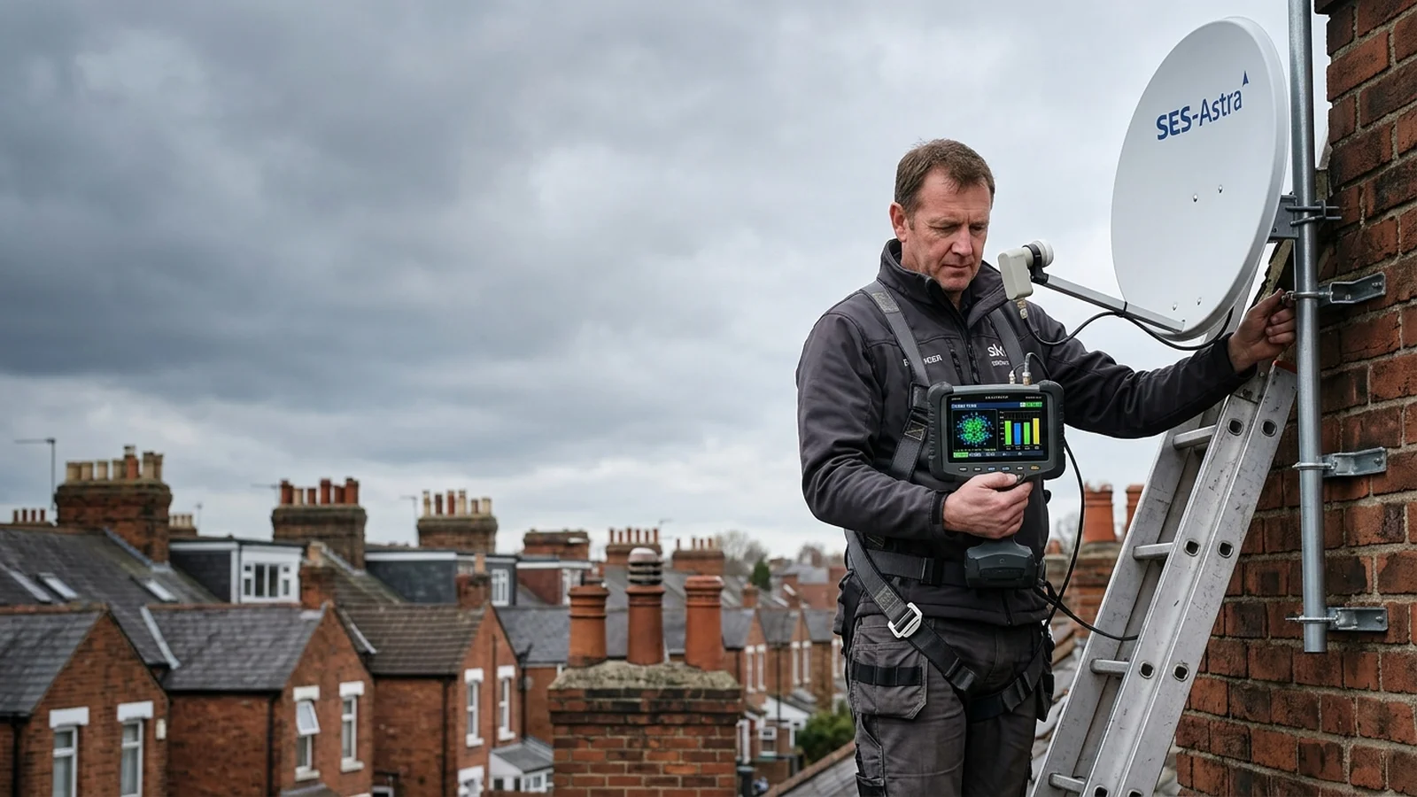 Certified Satellite Engineer Aligning European Satellite Dish with Spectrum Analyzer