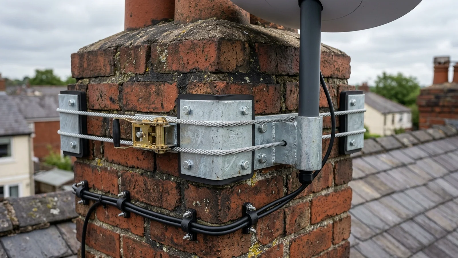 Non-drill chimney lashing cradle and heavy-duty storm bracket installation on stone stack in Feniscowles