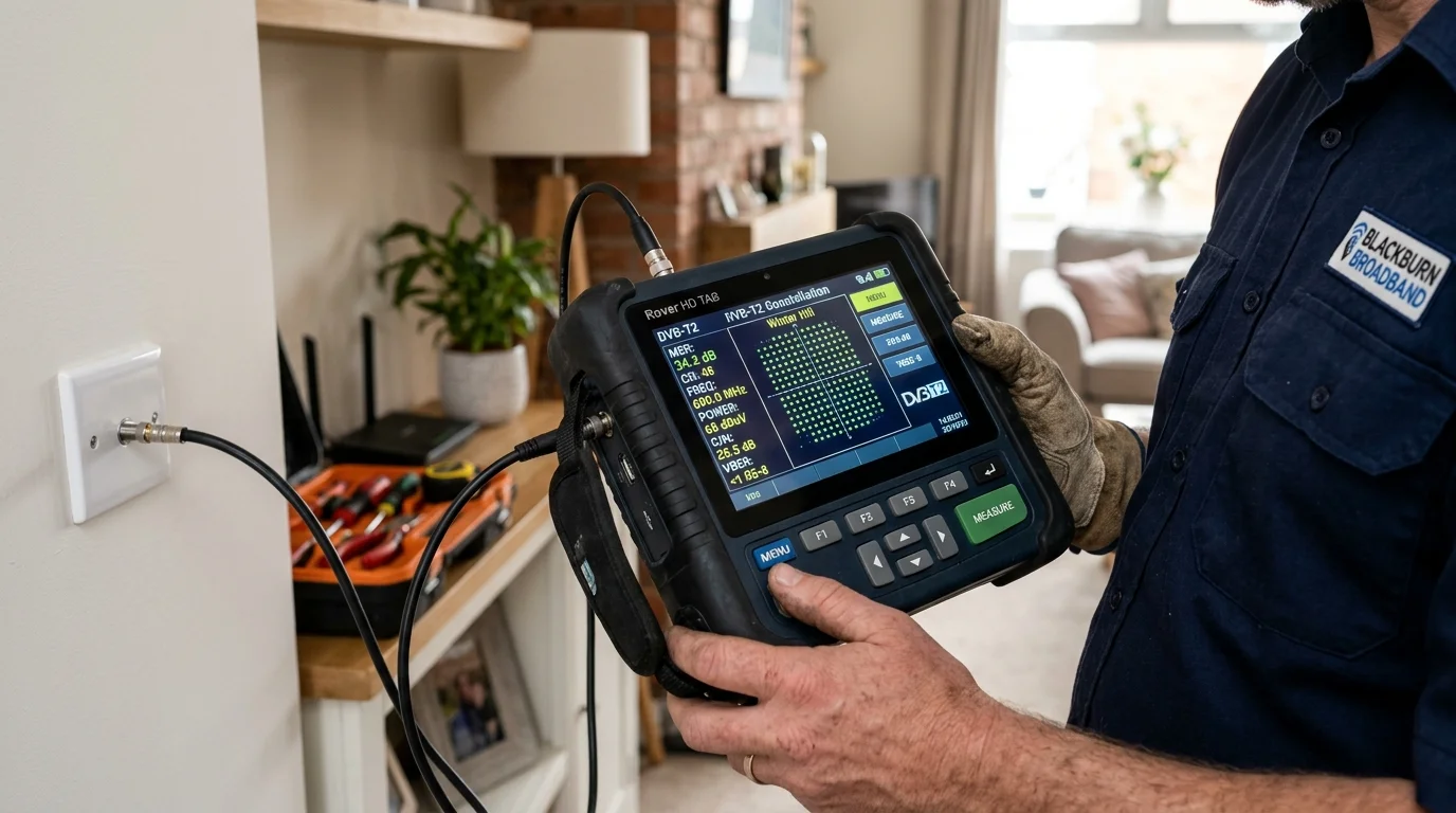 Digital spectrum analyser measuring Freeview signal quality in Feniscowles