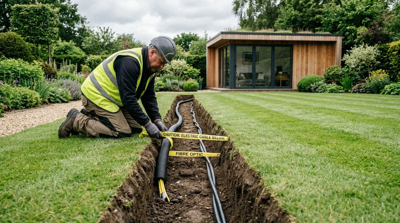 Underground armoured Cat6A and fibre optic trenching to cedar garden office pod