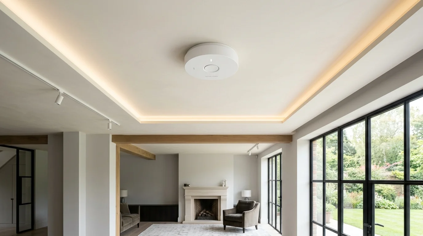 Discreet wireless fire alarm detector flush fitted on residential ceiling in Blackpool