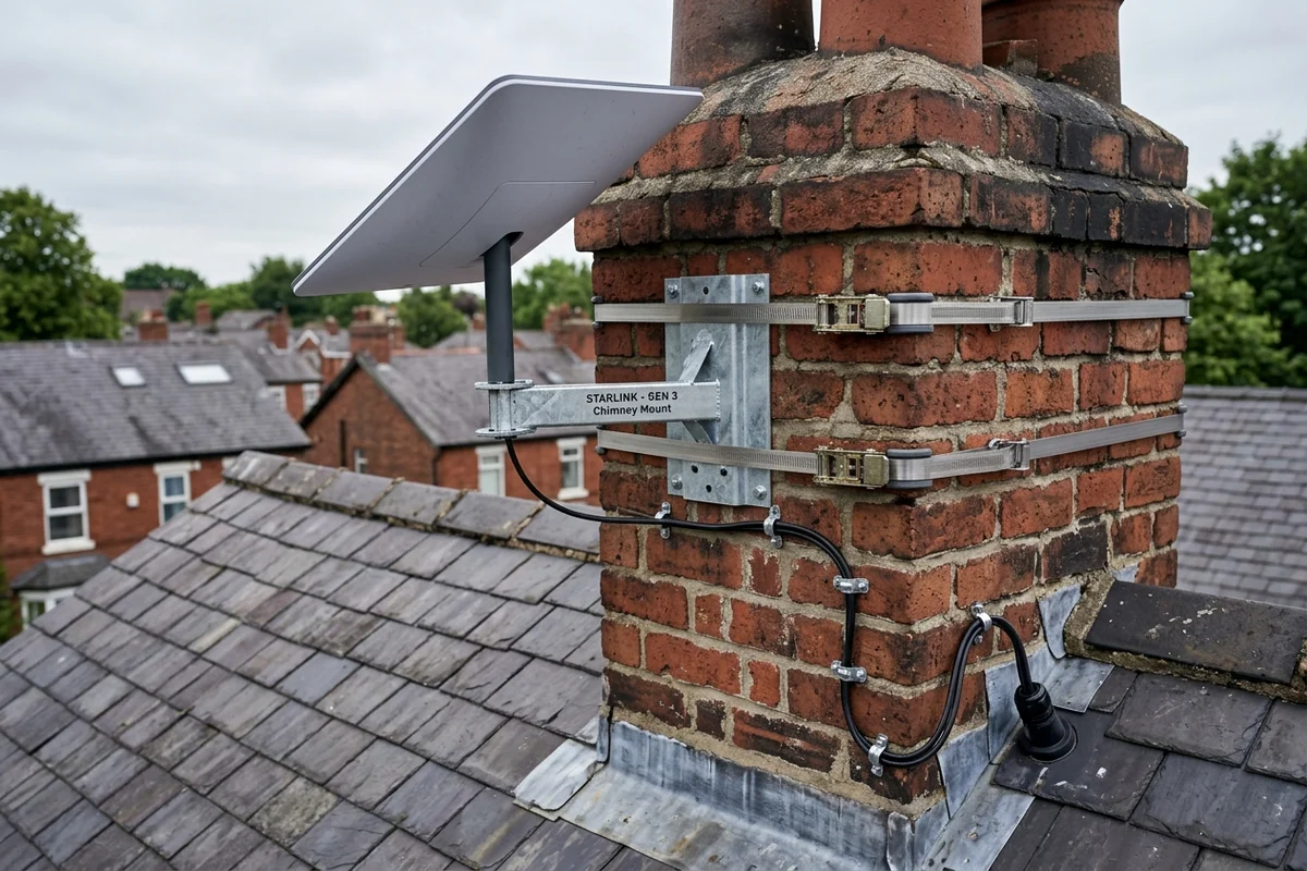 Starlink dish on roof in Flixton on brick chimney with non-drill lashing cradle overlooking town