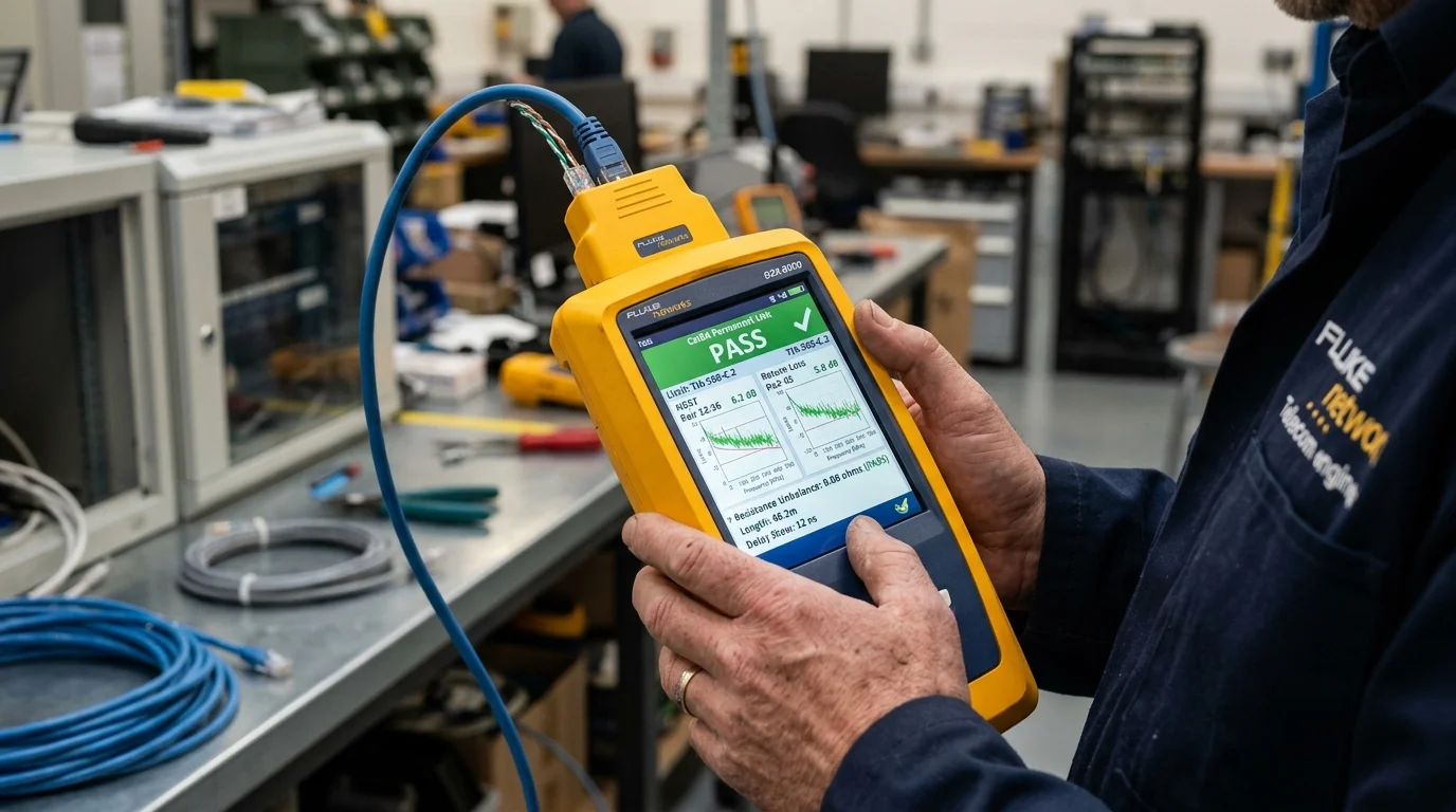 Fluke Networks DSX-8000 CableAnalyzer displaying green PASS test screen for Cat6A permanent link